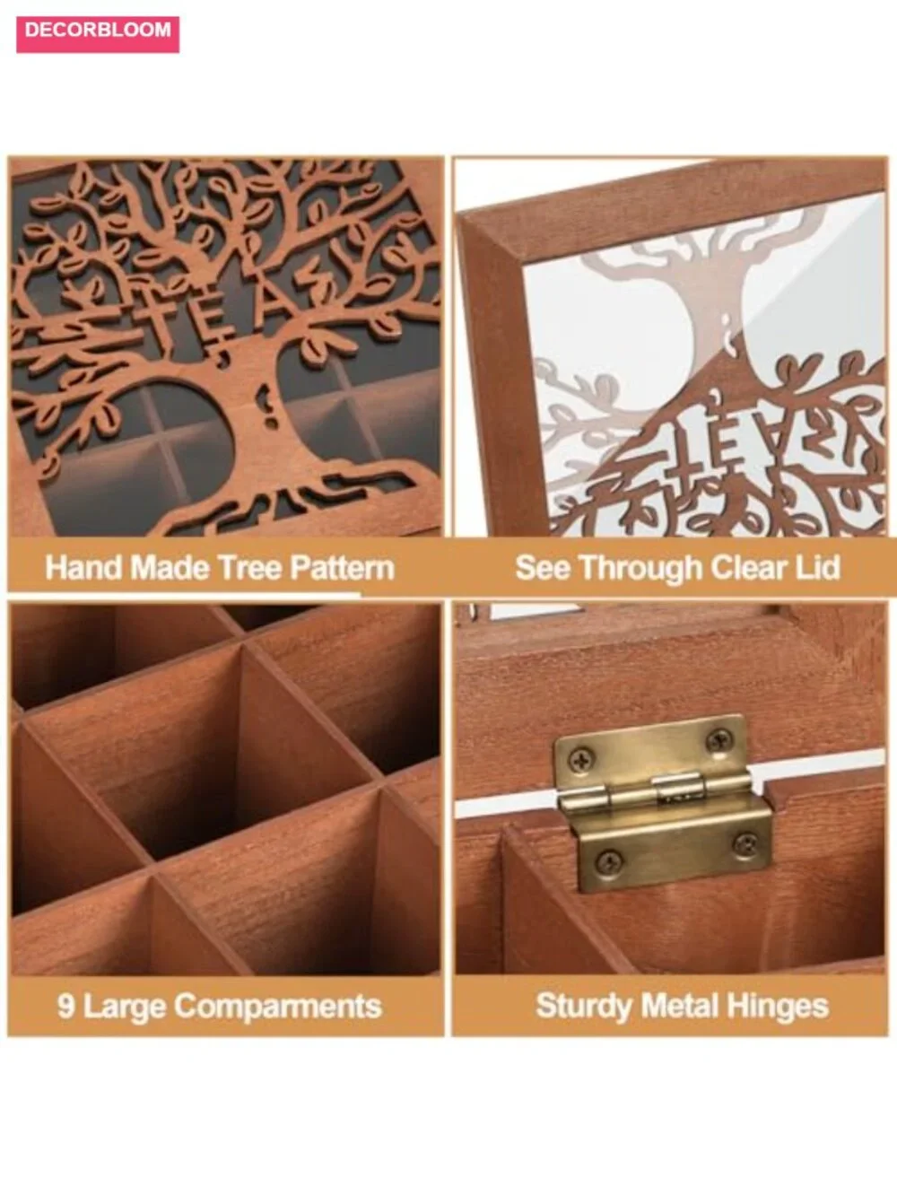 Wood Tea Box Organizer with Tree Pattern 9 Compartments Clear Lid
